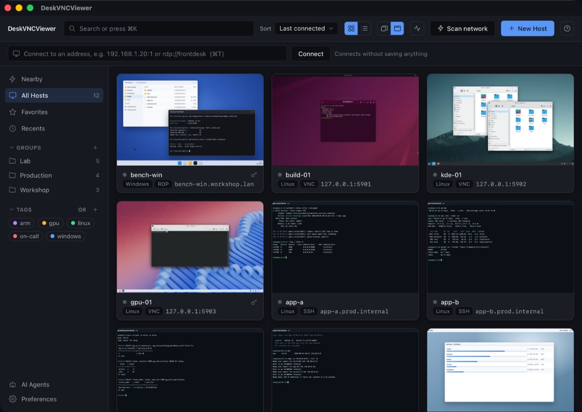The DeskVNC host library, listing saved machines as tiles each showing a live thumbnail of that desktop.