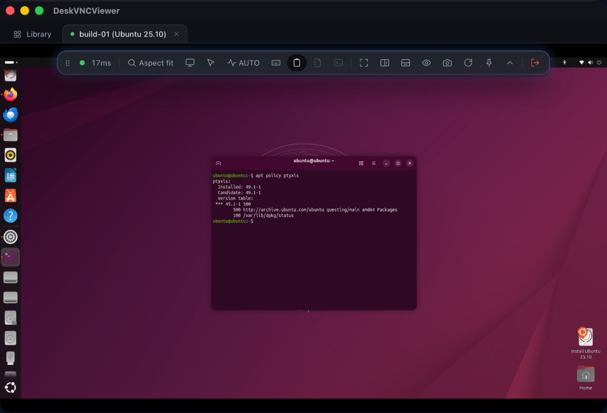 A live remote session open in DeskVNC, showing the remote desktop being viewed and controlled.