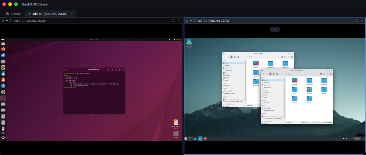 Two Linux desktops, Ubuntu GNOME and Kubuntu KDE, open side by side in split panes inside a single DeskVNC window.
